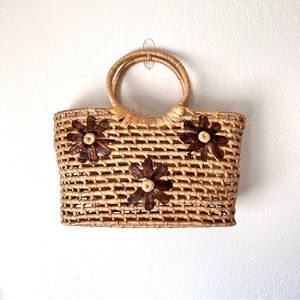Thai Rattan Vintage Handmade Daisy Floral Basket Handbag